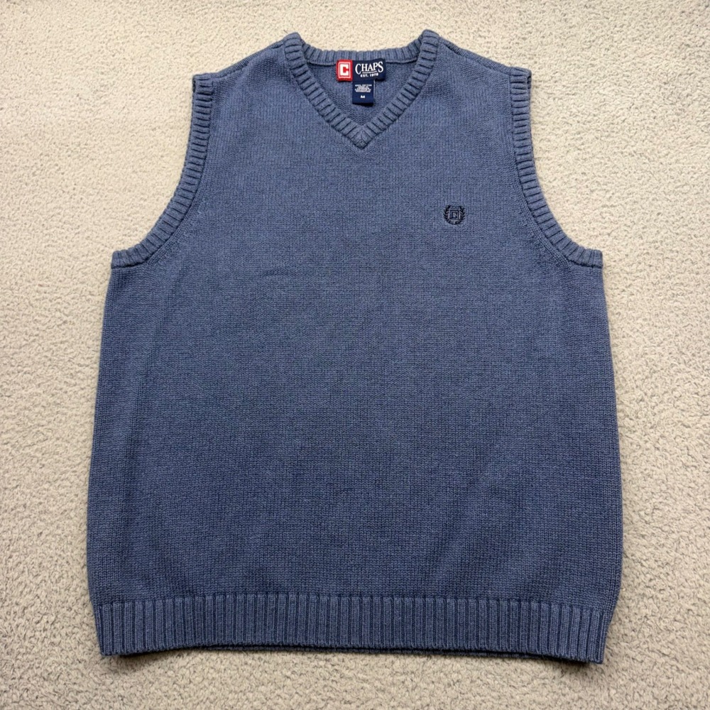 Chaps NA088-02 Mens Medium C15986 V-Neck Cotton Knit Blue Sweater Vest 910/M